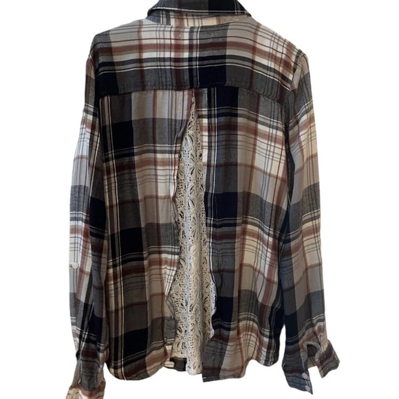 Knox Rose Plaid Lace Back Button Up Soft Boho Flannel Cottagecore Grunge Medium - Picture 2 of 10